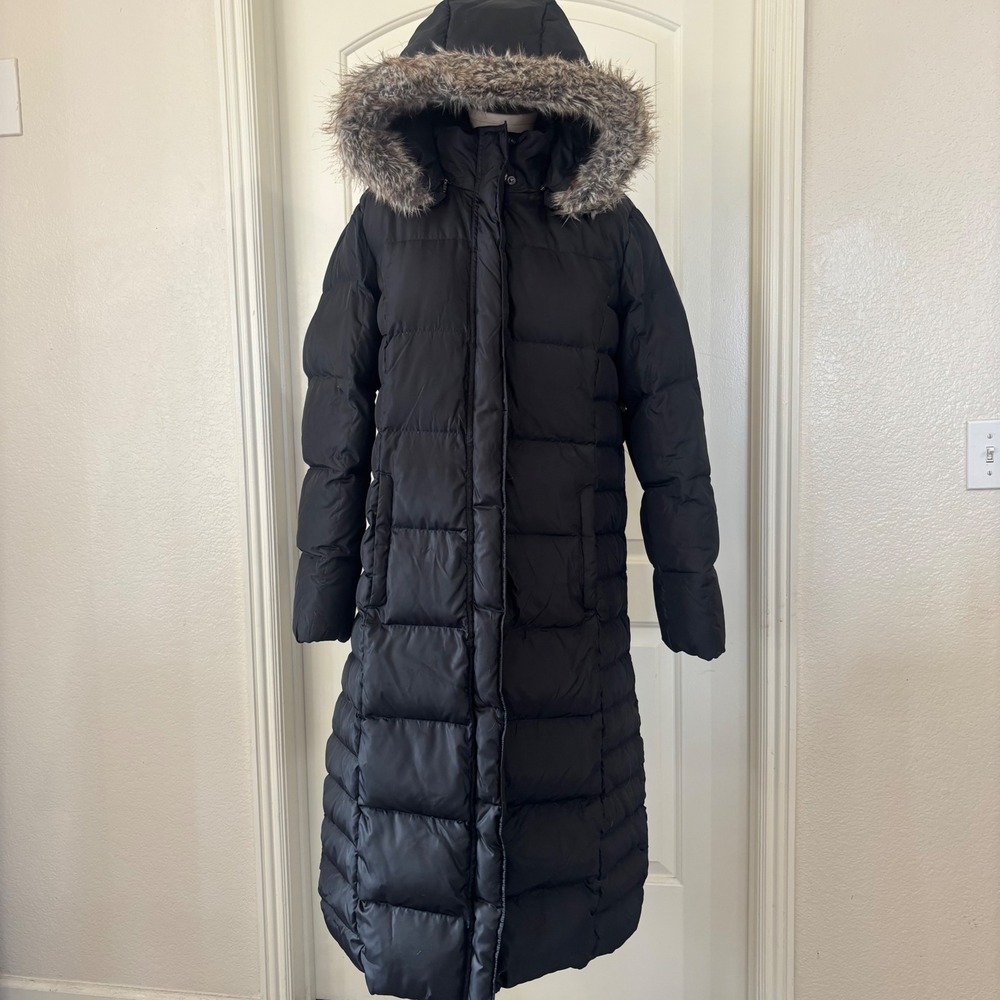 Eddie Bauer Women Black Down Parka Jacket Faux Fur Trim Hood Puffer Coat L